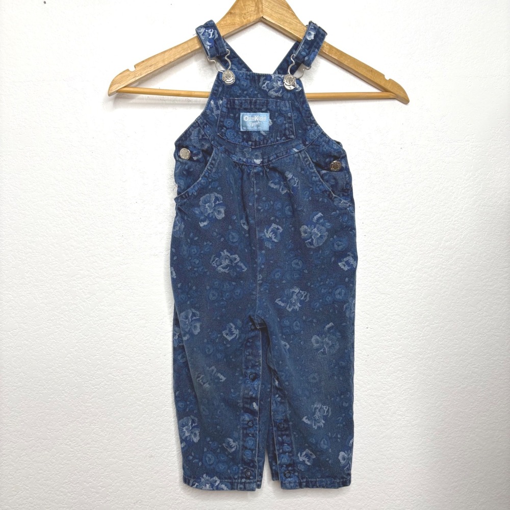 OshKosh Bgosh Vintage Floral Denim Overalls Blue Flower Print Kids Size 2T